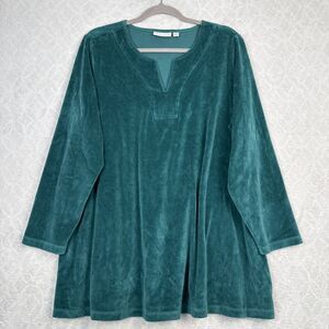 Susan Graver Velour Tunic Top Womens 2X Teal Green Split Neck Casual Cozy Winter